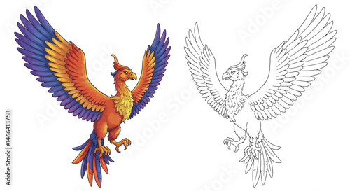 Soaring Phoenix: A vibrant phoenix with outstretched wings, a symbol of rebirth and renewal, takes flight. A black and white line art version is placed side-by-side.
