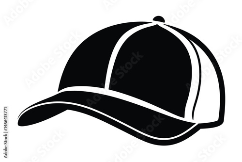 An isolated black baseball cap with white details is presented on a white background