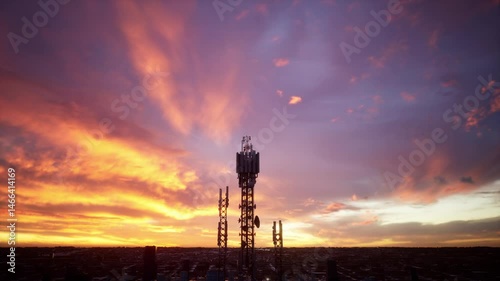 A Tall Cell Tower Stands Against A Vibrant Sunset
