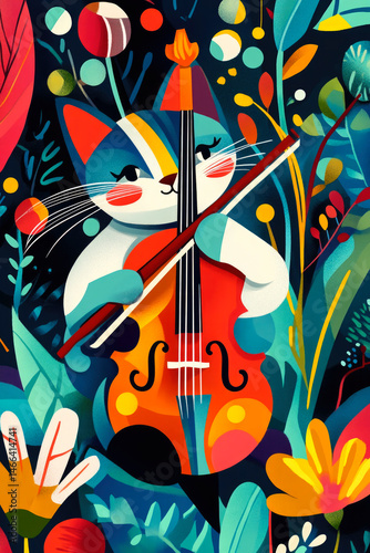 Contemporary art collage of happy cat playing violin and colourful flowers, Pop art style, Abstract art style, illustration music poster