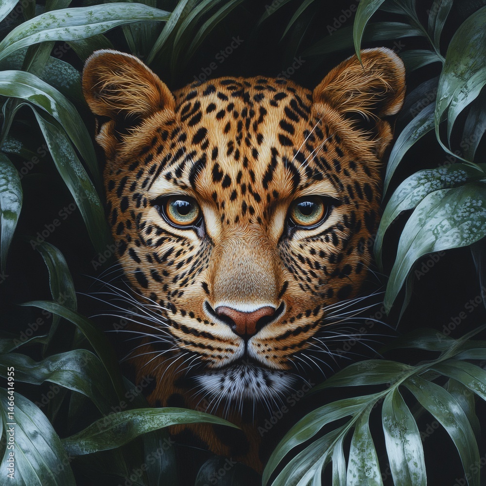 Leopard hiding in tropical foliage with intense focused eyes and spotted fur pattern visible through green leaves in wild animal jungle setting full of tension and primal beauty,