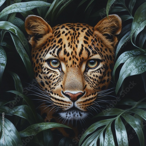 Obraz na płótnie Leopard hiding in tropical foliage with intense focused eyes and spotted fur pattern visible through green leaves in wild animal jungle setting full of tension and primal beauty,
w salonie