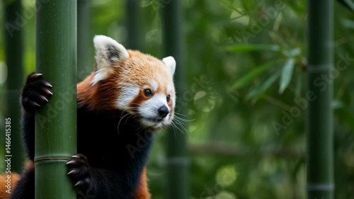 Cute red panda clinging to bamboo stalk looking curiously in lush forest video. Adorable Ailurus fulgens climbing in nature. Endangered species list, animal conservation. Red Panda Day