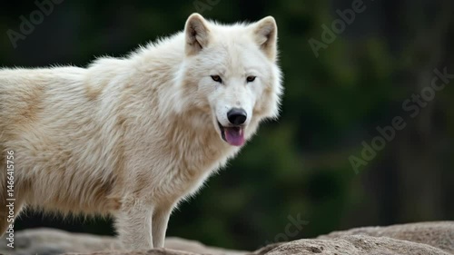 Arctic wolf close up portrait with white fur looking at camera in northern forest video. Video of wild animal predator Canis lupus arctos.