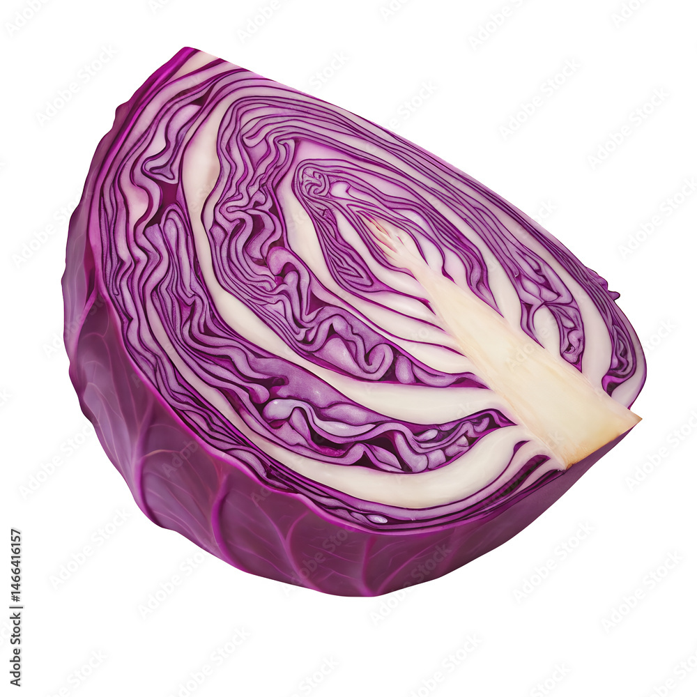 Obraz premium Vivid Cabbage Slice: A detailed macro shot reveals the intricate, layered textures of a sliced red cabbage, showcasing its vibrant purple and white hues, in a perfect still life of natural produce.