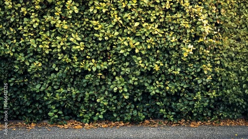 Lush green hedge wall, dense foliage, ground view