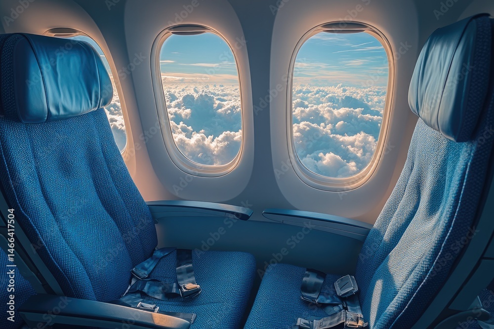 Fototapeta premium Passenger airplane seats with stunning cloud views.