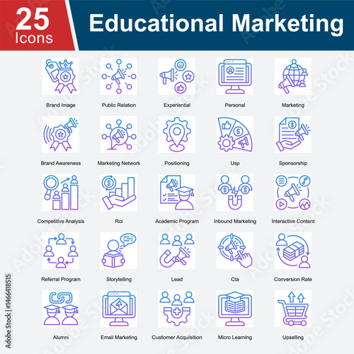 Educational Marketing is a collection of icons focused on strategies and tools for marketing educational services, including brand image, public relations, lead generation, customer acquisition.