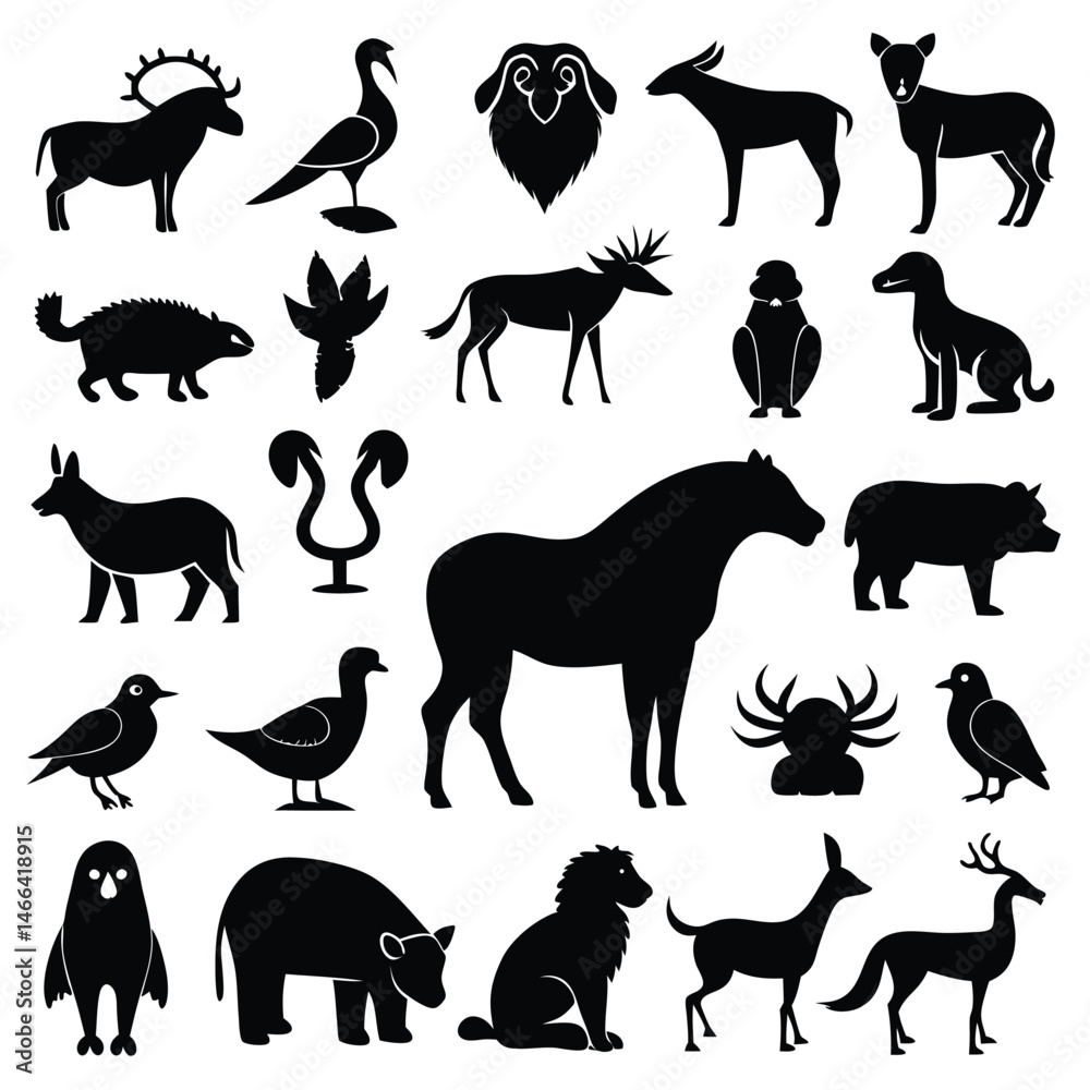 Fototapeta premium a diverse collection of minimalist black silhouette icons representing various animals 