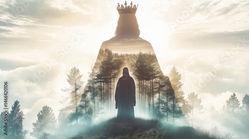 A divine figure walks through a forest bathed in light, revealing the silhouette of a crowned King above—a powerful symbol of Christ the King and His eternal reign.
