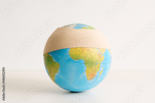AI generated realistic globe with bandage wrapped around it symbolizing environmental damage and healing concept white background climate change earth protection conservation metaphor