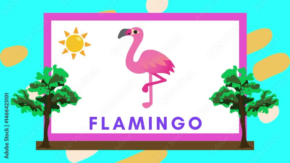 Flamingo full body with text name. Visual logic educational kids icon symbol. Simple, engaging attractive method. Vector animation, motion graphic video footage. Cute funny colourful theme background