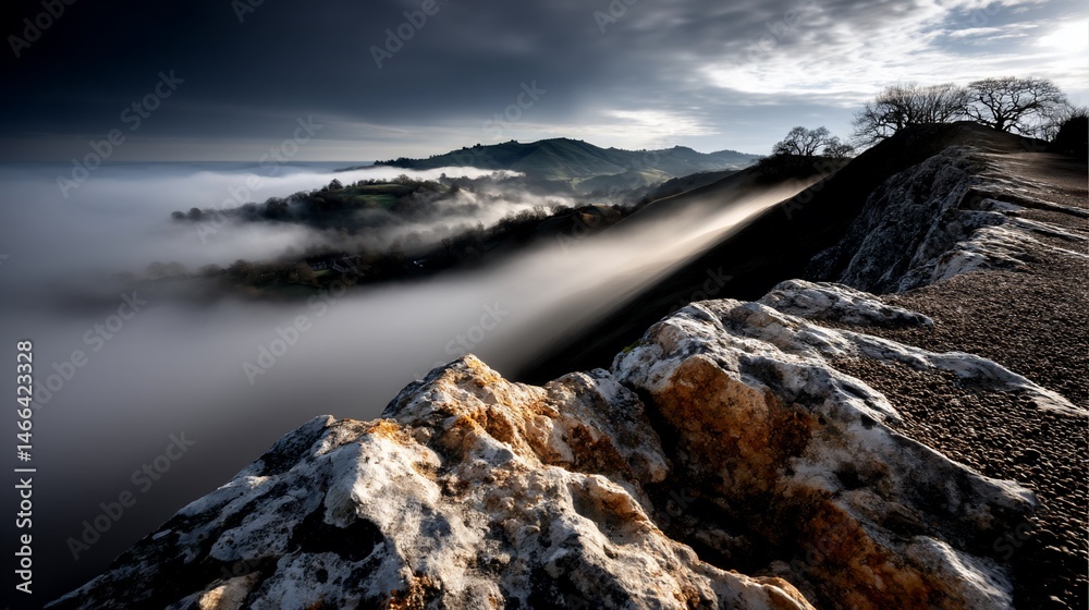 Fototapeta premium Majestic mist-shrouded landscape. Rocky outcrop viewpoint
