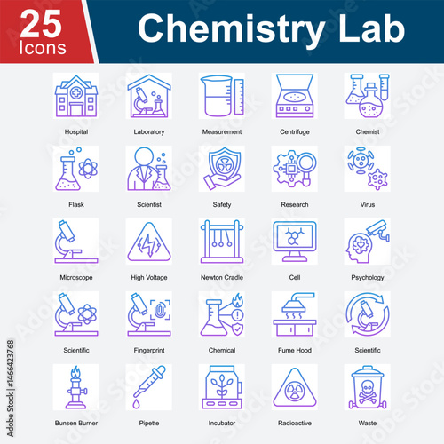 Chemistry Lab is a collection of icons representing laboratory equipment, chemical research, safety protocols, and scientific procedures used in analyzing chemicals, biology, and medical experiments.