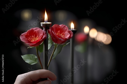 A solemn night ceremony with dark uniforms red roses and torches honoring fallen soldiers