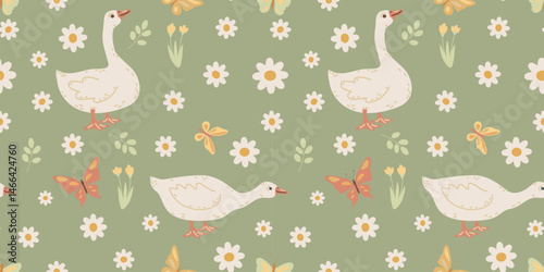 Hand-drawn spring and summer seamless pattern in boho style with cute geese, bows. Funny goose on a blue background. Girly, childish print for fabric, wallpaper, wrapping paper. Vector illustration