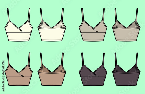 Women crop camisole tops blouse bundle colour set technical drawing fashion flat sketch vector illustration template front and back views outline CAD mockup