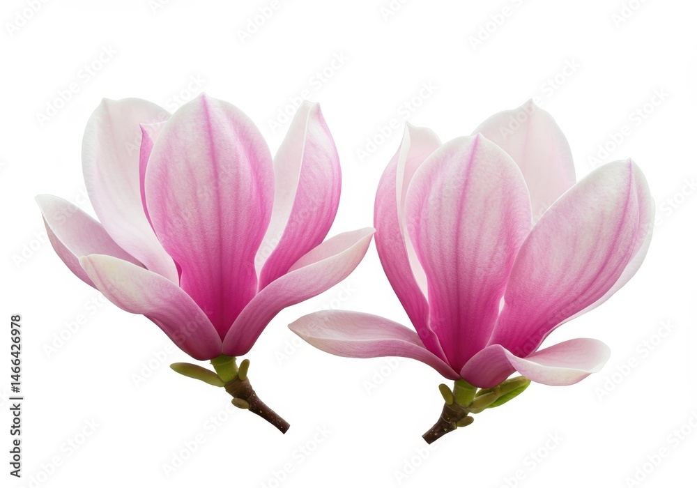 Fototapeta premium Two pink magnolia blossoms isolated against a white background