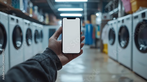 hand holding Large phone mockup blank screen washing machine laundry shop in the background Concept laundry service