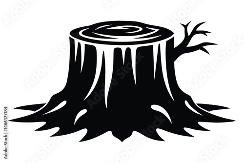 Isolated monochrome tree stump icon reveals wood grain with a protruding branch