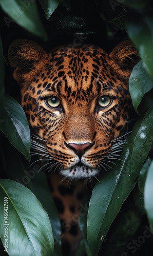 Obraz na płótnie Leopard hiding in tropical foliage with intense focused eyes and spotted fur pattern visible through green leaves in wild animal jungle setting full of tension and primal beauty,
w salonie