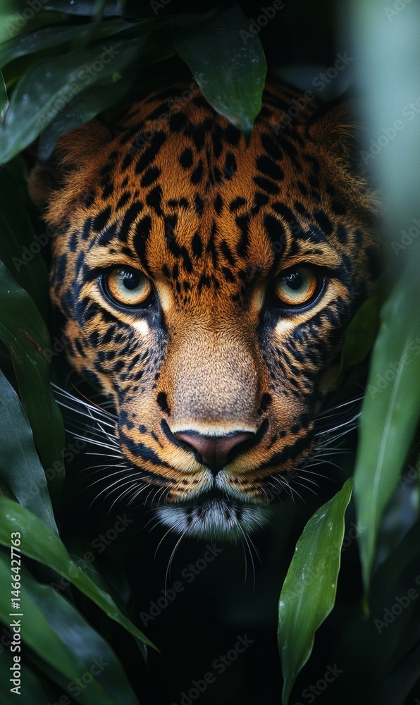 Leopard hiding in tropical foliage with intense focused eyes and spotted fur pattern visible through green leaves in wild animal jungle setting full of tension and primal beauty,