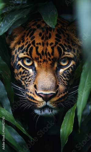 Obraz na płótnie Leopard hiding in tropical foliage with intense focused eyes and spotted fur pattern visible through green leaves in wild animal jungle setting full of tension and primal beauty,
w salonie
