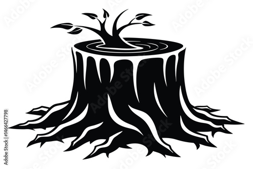 Isolated black tree stump shows fresh growth emerging from the decaying wood