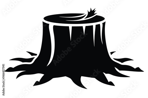 Striking monochrome silhouette shows a detailed tree stump sprouting new growth on top
