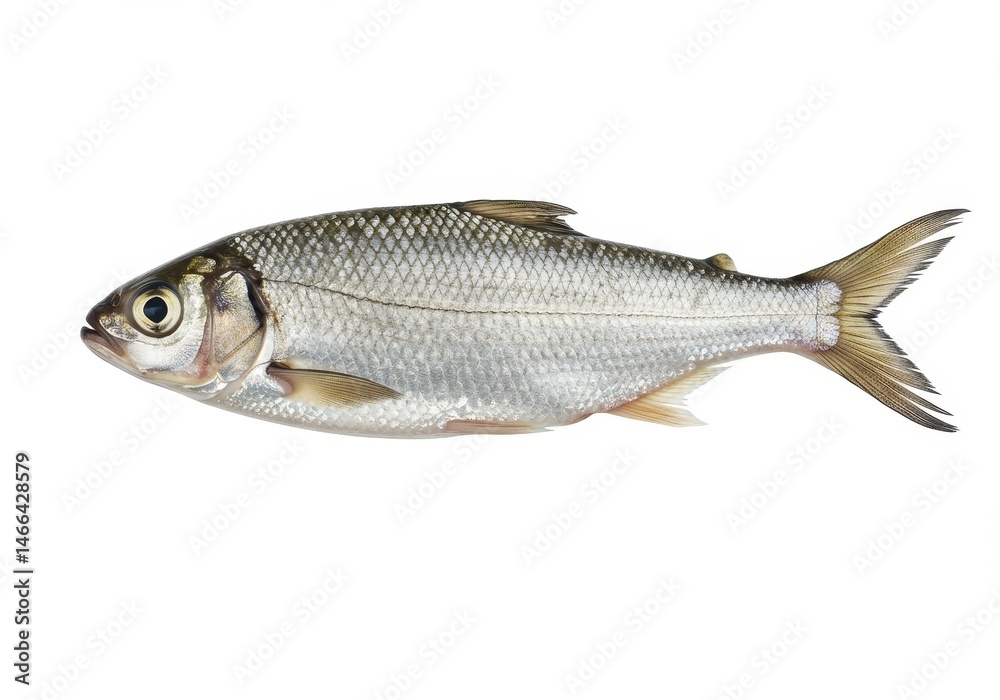Fototapeta premium Freshwater fish with silver scales and yellow tail isolated on white background
