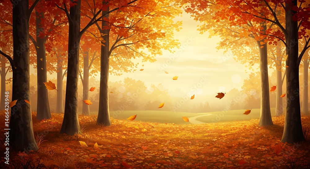 Fototapeta premium Autumn Forest Landscape with Falling Leaves and Warm Golden Light