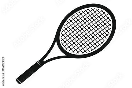 A simple monochrome tennis racket shows its strings against a plain white background