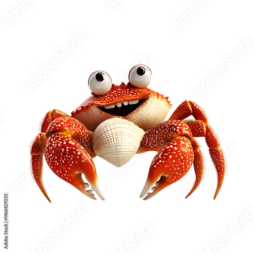 Cartoon Crab Holding Seashell Isolated on Transparent Background