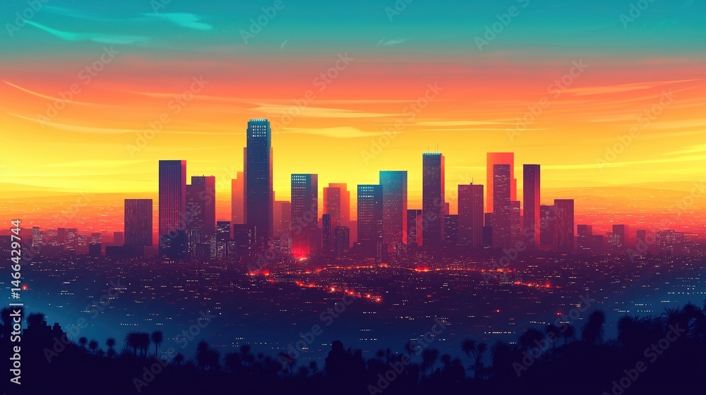 Fototapeta premium City skyline silhouette against a warm dusk sky, urban simplicity meets serene twilight.