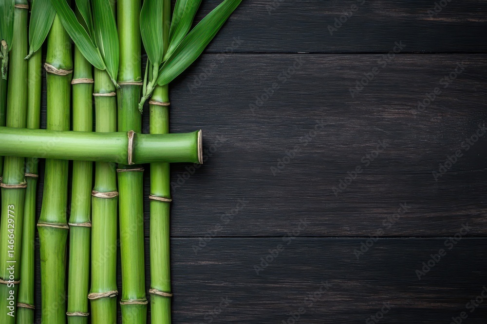 Obraz premium Bamboo Flat Lay. Black Bamboo Stems Creating an Asian Aromatherapy Background