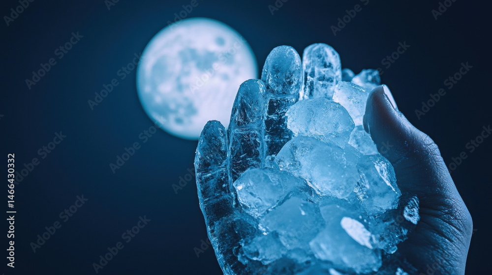Hand holding sculpted ice under full moon, closeup with cool blue tones, surreal and mysterious night atmosphere
