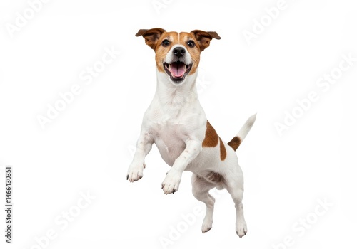 Happy jack russell terrier dog jumping in the air on a white background