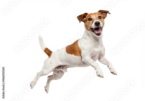 Happy jack russell terrier jumping mid-air on white background