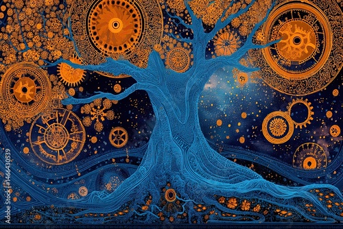 Enchanted Tree of Time illustrated with golden celestial gears and cosmic roots – perfect for book covers, spiritual editorials, and fantasy-inspired creative projects.