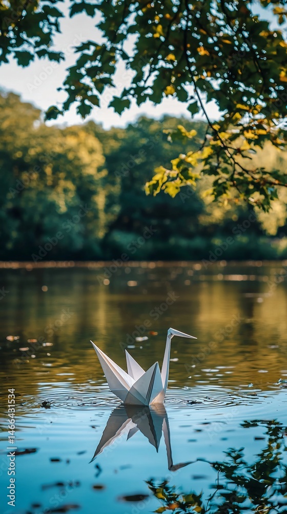 Fototapeta premium Origami crane on a calm river, tranquil scene under trees