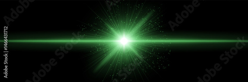 Green energy flash with linear rays, star core, light scatter on black. Emphasizes heat burst, galactic pulse, cosmic ignition, futuristic impact.