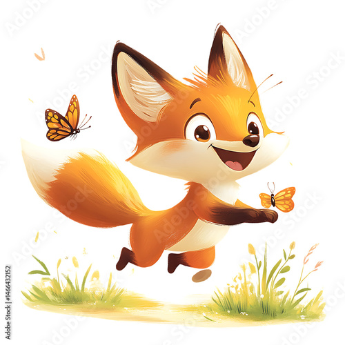 Cartoon Fox Chasing a Butterfly Isolated on Transparent Background