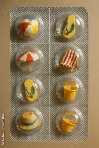 Miniature beach essentialssunhat, flip flops, beach ballsealed in blister pack, representing whimsical travel remedy breaking daily monotony