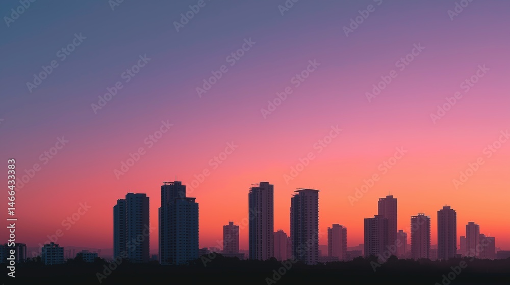 City skyline silhouette against a warm dusk sky, urban simplicity meets serene twilight.