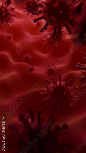 Health concept. Inside the virus vessel, virus cells inside the blood vessel, High quality 3d render 4k. Of blood cells, animation medical video