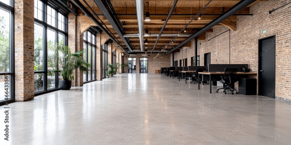 Naklejka premium Spacious industrial loft office with brick walls and open workspace