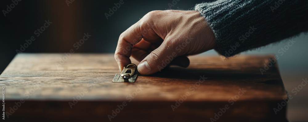 Hand unlocking vintage wooden music box, closeup detail, warm lighting, cozy atmosphere, emotional nostalgia, selective focus