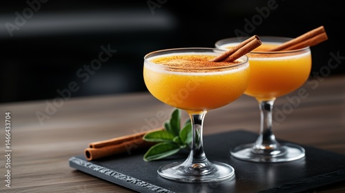 two glasses with orange juice and cinnamon sticks