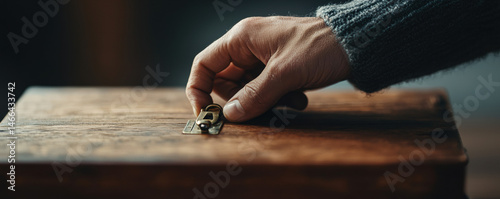 Obraz na płótnie Hand unlocking vintage wooden music box, closeup detail, warm lighting, cozy atmosphere, emotional nostalgia, selective focus w salonie