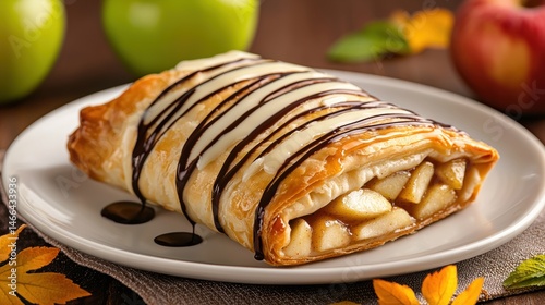 a pastry with chocolate and caramel drizzle on it